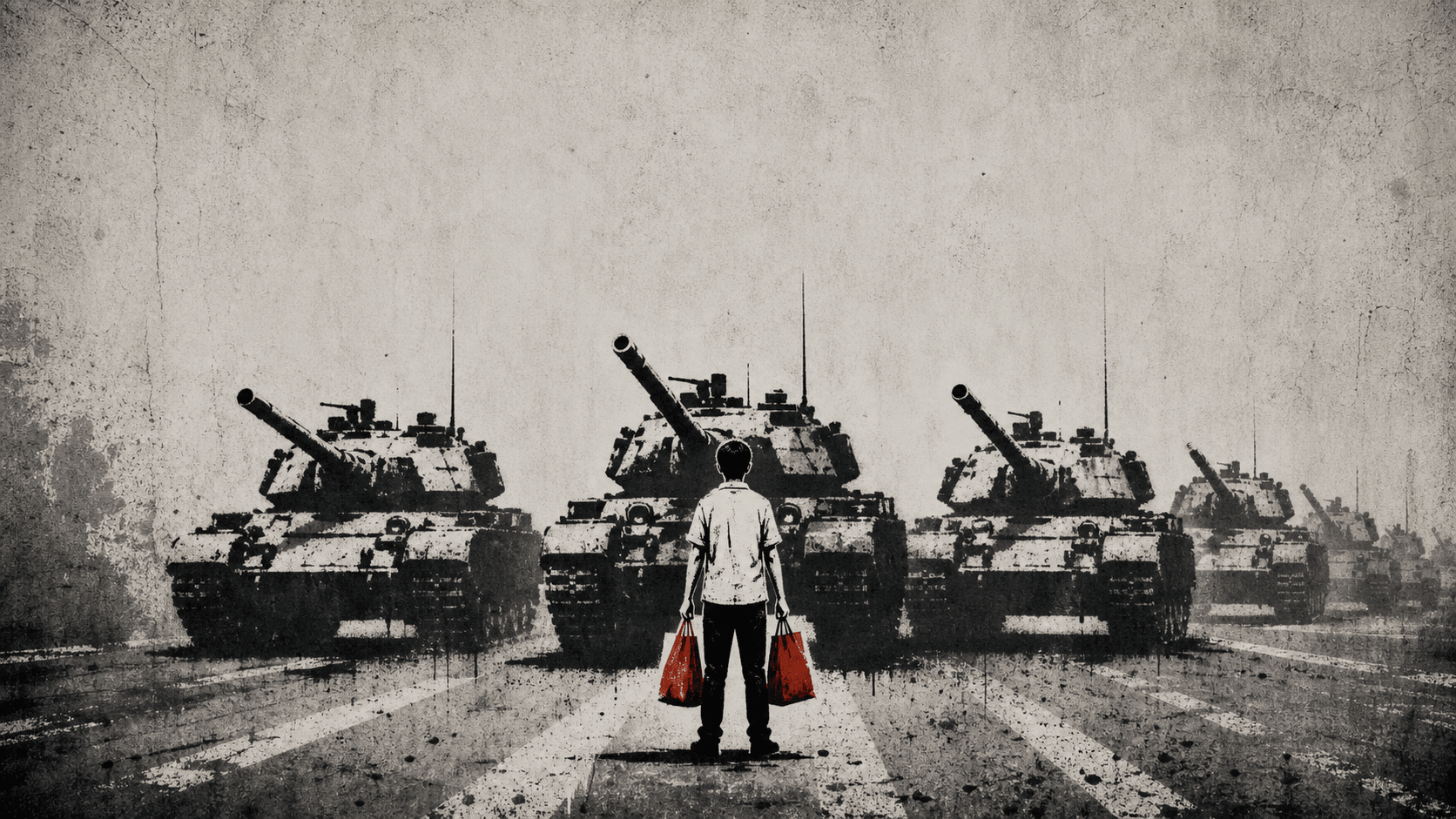 Ilustração de um homem com sacolas diante de uma coluna de tanques, em referência ao Homem dos Tanques.