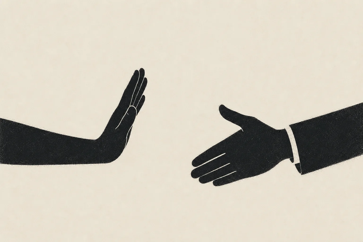 Ilustração de uma mão recusando o aperto oferecido por outra pessoa.